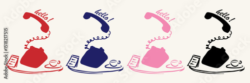 A playful set of flat-style retro telephones in red, blue, pink, and black. Nostalgic 80s–90s look with rotary dials and handwritten hello text.