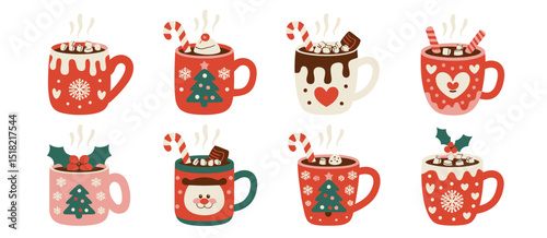 Six Festive Christmas Hot Chocolate Mugs Illustration