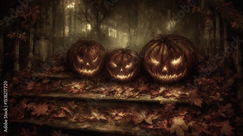 A spooky yet fun Halloween scene: carved jack-o'-lanterns with glowing faces sit on a porch step amidst autumn leaves, with a hint of eerie fog, generously framed.