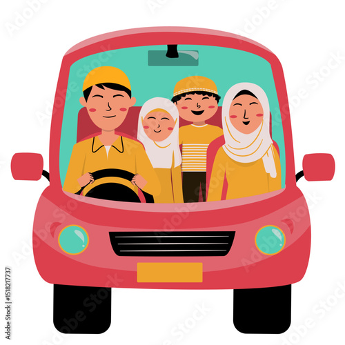 Happy Muslim Family Road Trip Illustration