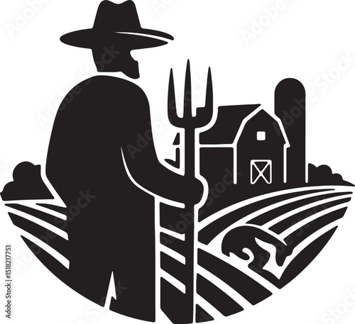 Agriculture Icon Farmer with Pitchfork, Barn, and Farmland