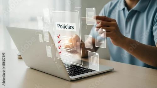 Person reviews policies on laptop with digital checklist and document icons overlayed