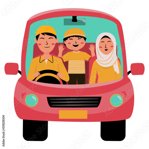 Happy Muslim Family Road Trip Illustration