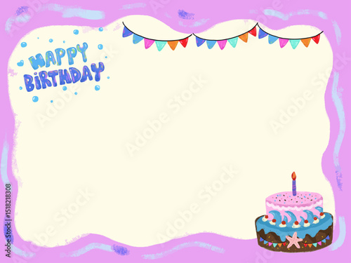 cute blank empty hand drawn birthday party greeting card in bright vibrant pink blue purple mermaid starfish sea ocean theme doodle cake bunting flag garland crayon watercolor kids illustration design
