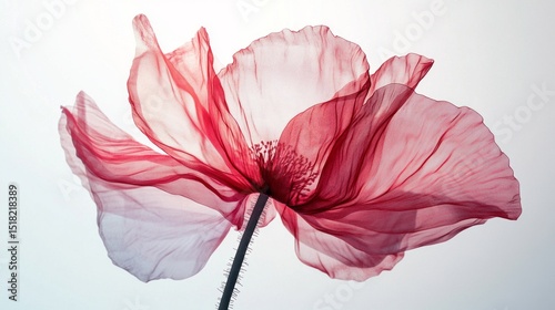 A vibrant red flower is showcased from the underside, its delicate petals appearing translucent against a bright background. The fine details of the petals create a stunning visual contrast