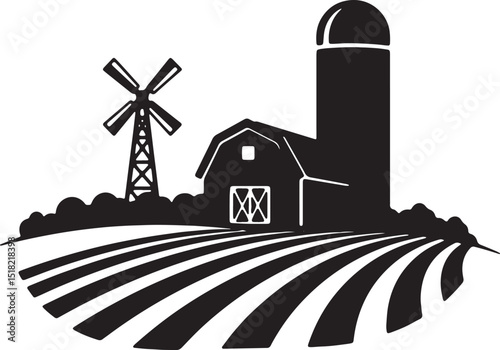 Rural Farmland Landscape Barn, Windmill, and Cultivated Fields