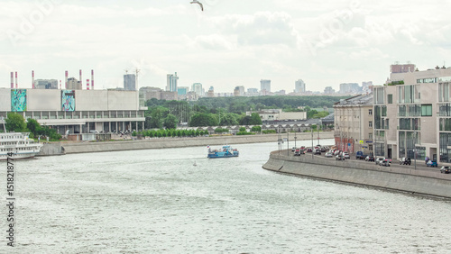 Moscow River. River cruise ships on the Moscow river winter timelapse hyperlapse