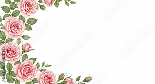 Watercolor Pink Roses Border on White Background