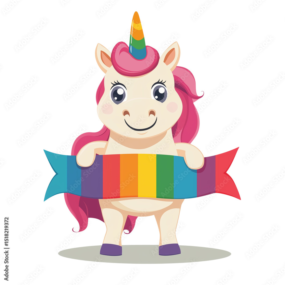 Cute unicorn with pink mane holding rainbow banner, smiling and standing on transparency background, expressing happiness and positivity, perfect for children designs Cute unicorn with pink mane holding rainbow banner, smiling and standing on transparency background, expressing happiness and positivity, perfect for children designs
