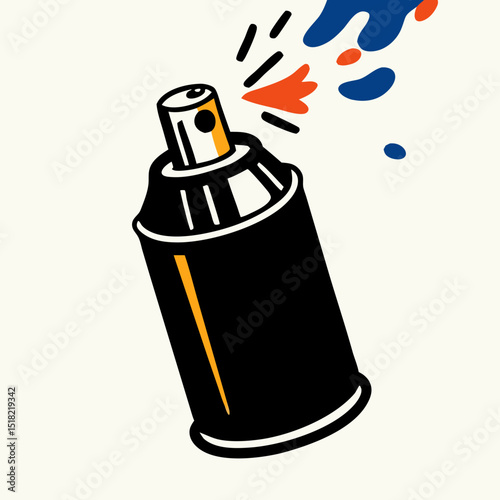 Black Spray Paint Can with Orange and Blue Splashes