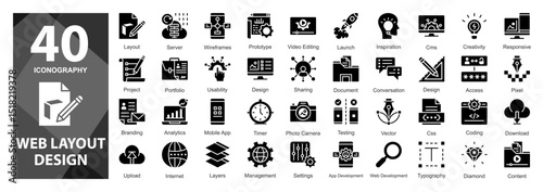 A solid color glyph icon pack presenting creative tools and interface components used in modern UI and mobile app design workflows.         