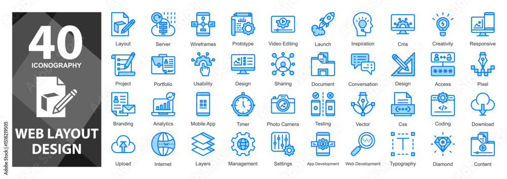 Obraz premium A stylish blue mixed-style icon collection highlighting modern layout concepts and web page structure with a clean, tech-forward look. 