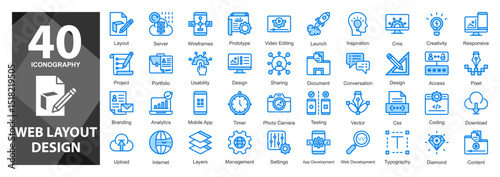 A stylish blue mixed-style icon collection highlighting modern layout concepts and web page structure with a clean, tech-forward look.      