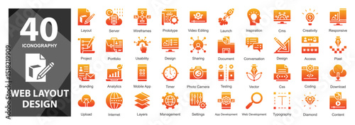 A vibrant orange gradient glyph icon set made for illustrating modern UI concepts, digital content, branding, and responsive coding visuals.