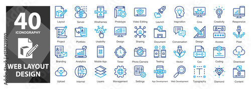 A soft blue duotone line icon set showing key tools in web design flow such as sharing, document layout, CMS, and app development stages.   