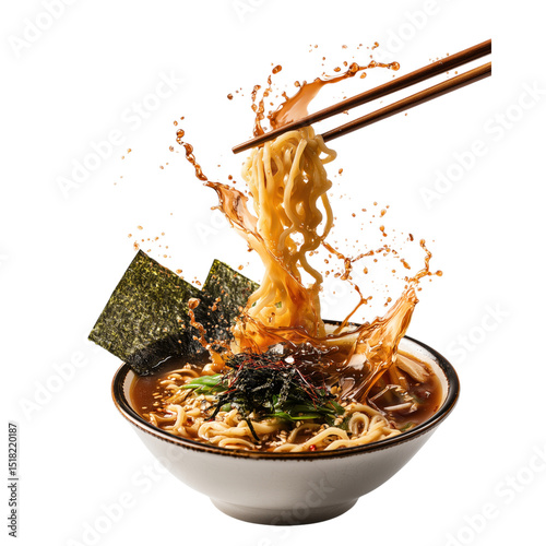 Spicy miso ramen bowl with noodles lifted by chopsticks, seaweed, green onion, and broth splash, creating dynamic and appetizing scene, isolated​ on​ transparent​