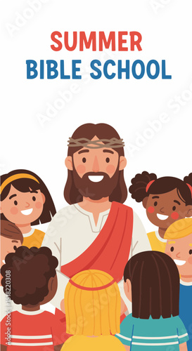 Summer Bible School Invitation with Jesus and Diverse Children Group
