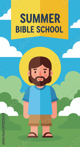 VBS Poster Template, Jesus Character on Green Field