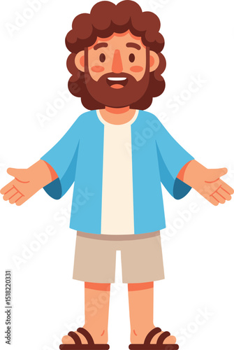 Summer Bible School Cartoon Jesus Christ Character Standing with Open Arms