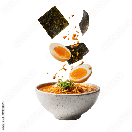 Spicy miso ramen with soft boiled egg, seaweed, green onion, and chili oil floating above ceramic bowl, creating dynamic and appetizing scene, transparent​ background​