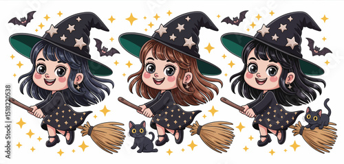 Three Cute Witches Flying on Broomsticks with Black Cats