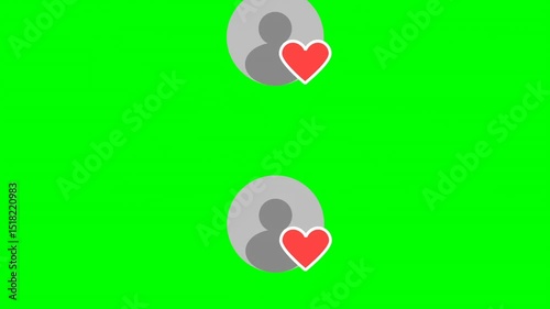 Animation of user profile icons with red heart symbol on vibrant green screen background, ideal for social media, Like, Share and Comments. Animation comments.Social media live streaming animated