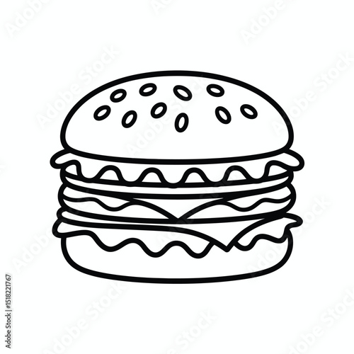 Delicious Triple Decker Burger Line Art Illustration