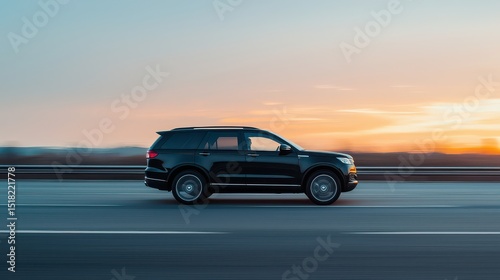 A black SUV drives swiftly on an open road at sunset, with a blurred background suggesting speed and motion.