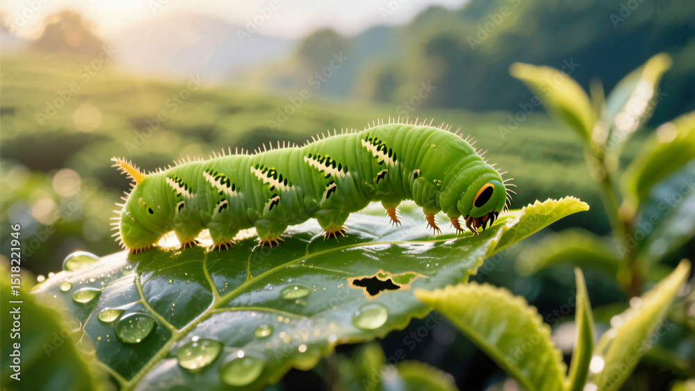 Fototapeta premium Tea Leaf Caterpillar Hyper-Realistic Macro Nature Scene