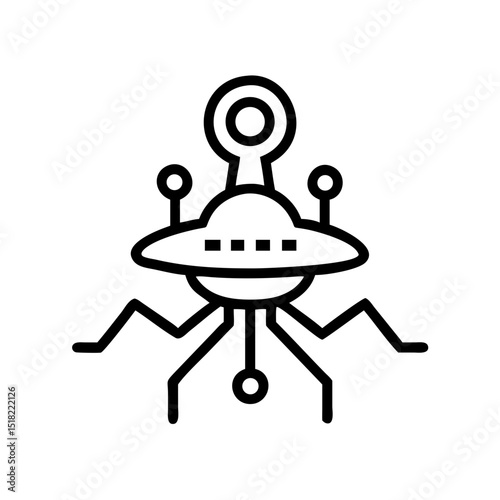 Futuristic alien spacecraft landing on an unknown planet.  Alien technology descends with advanced mechanisms and antennae.  This detailed illustration is perfect for science fiction designs.