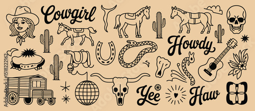 Cowgirl Theme Tattoo Flash Sheet Design Elements