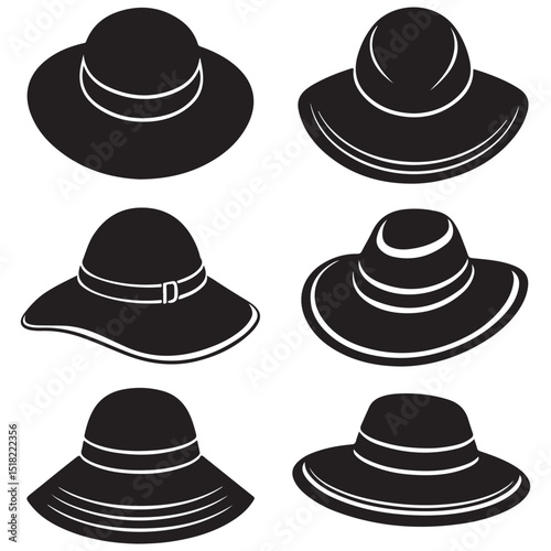 set of vector various style sun hat, beach hat, summer straw hat silhouette	

