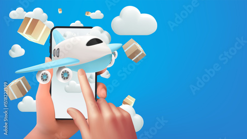 Person buying product with application.Global transportation delivery service on mobile by airplane Ecommerce market.Transportation logistic.Fast moving service: air transportation
