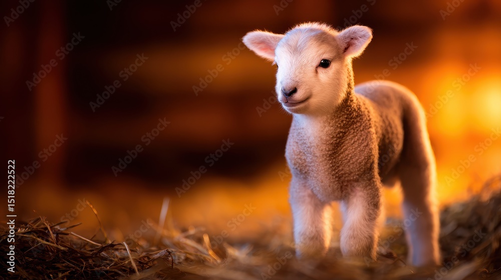 Obraz premium Adorable lamb standing on straw in a warm barn, with soft lighting creating a cozy atmosphere