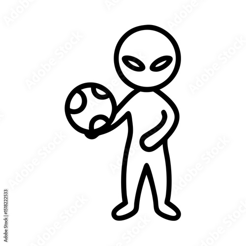Alien holding planet icon. Simple line art extraterrestrial being with planet in hand. This design is perfect for science fiction apps, websites, or video game icons.