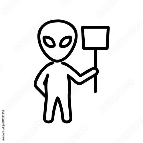 Alien holding blank sign. Simple illustration of extraterrestrial being with empty placard.  Design concept featuring grey alien and signboard perfect for website icon or app symbol.