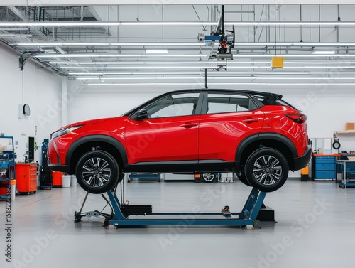 A red SUV on a hydraulic lift inside a modern, clean auto repair workshop.