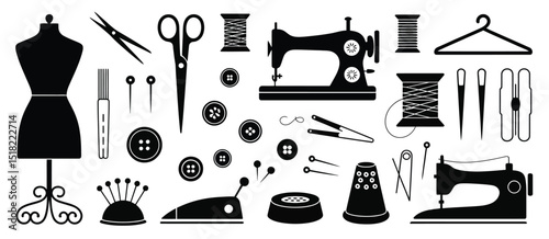 Sewing Kit Icons Dress Form, Scissors, Sewing Machine, and More