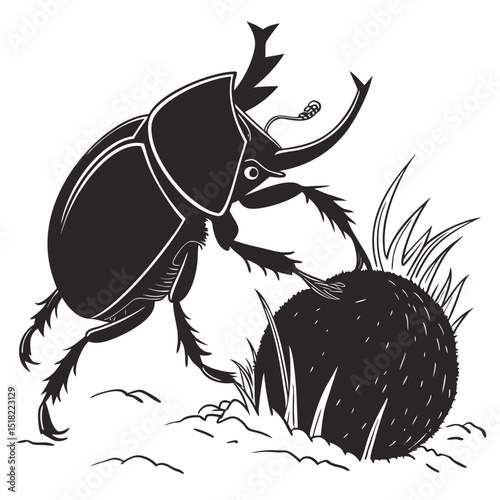 A black and white illustration of a dung beetle rolling a ball