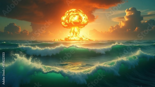 Massive nuclear explosion erupts over a raging ocean, with towering mushroom cloud, turbulent waves, and intense light illuminating stormy skies.