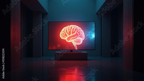 Monitor displaying glowing neural brain network in a dark room, highlighting complex brain connections with futuristic, high-tech ambiance.