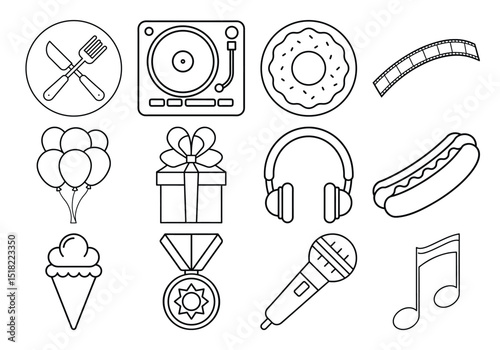 Party, celebration and event planning editable stroke outline icons set isolated on white background