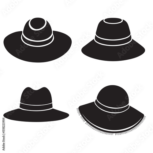 set of vector various style sun hat, beach hat, summer straw hat silhouette	

