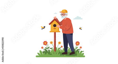 Elderly man placing birdhouse in garden surrounded by flowers  