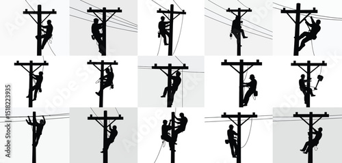Silhouette Collection of Linemen Working on Power Poles