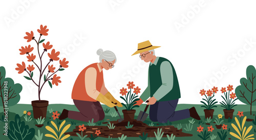 Elderly couple gardening and planting flowers in a sunny outdoor setting  