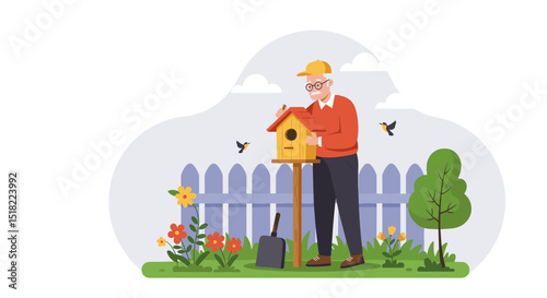 Elderly man building a birdhouse in a colorful garden setting  