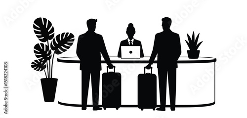 Two Businessmen Checking In at Hotel Reception Desk