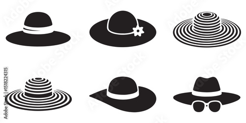 set of vector various style sun hat, beach hat, summer straw hat silhouette	

