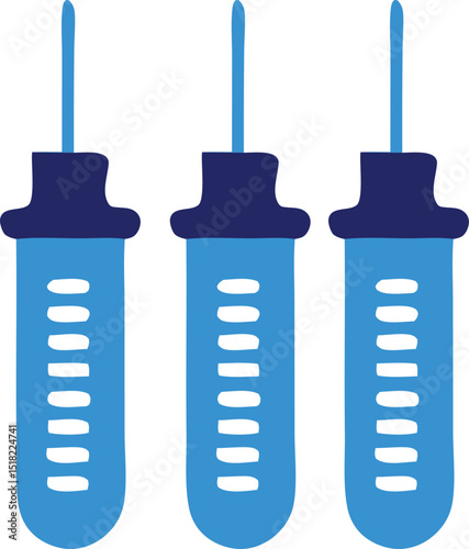 Three blue and dark blue vertical cylindrical objects with white oval cutouts